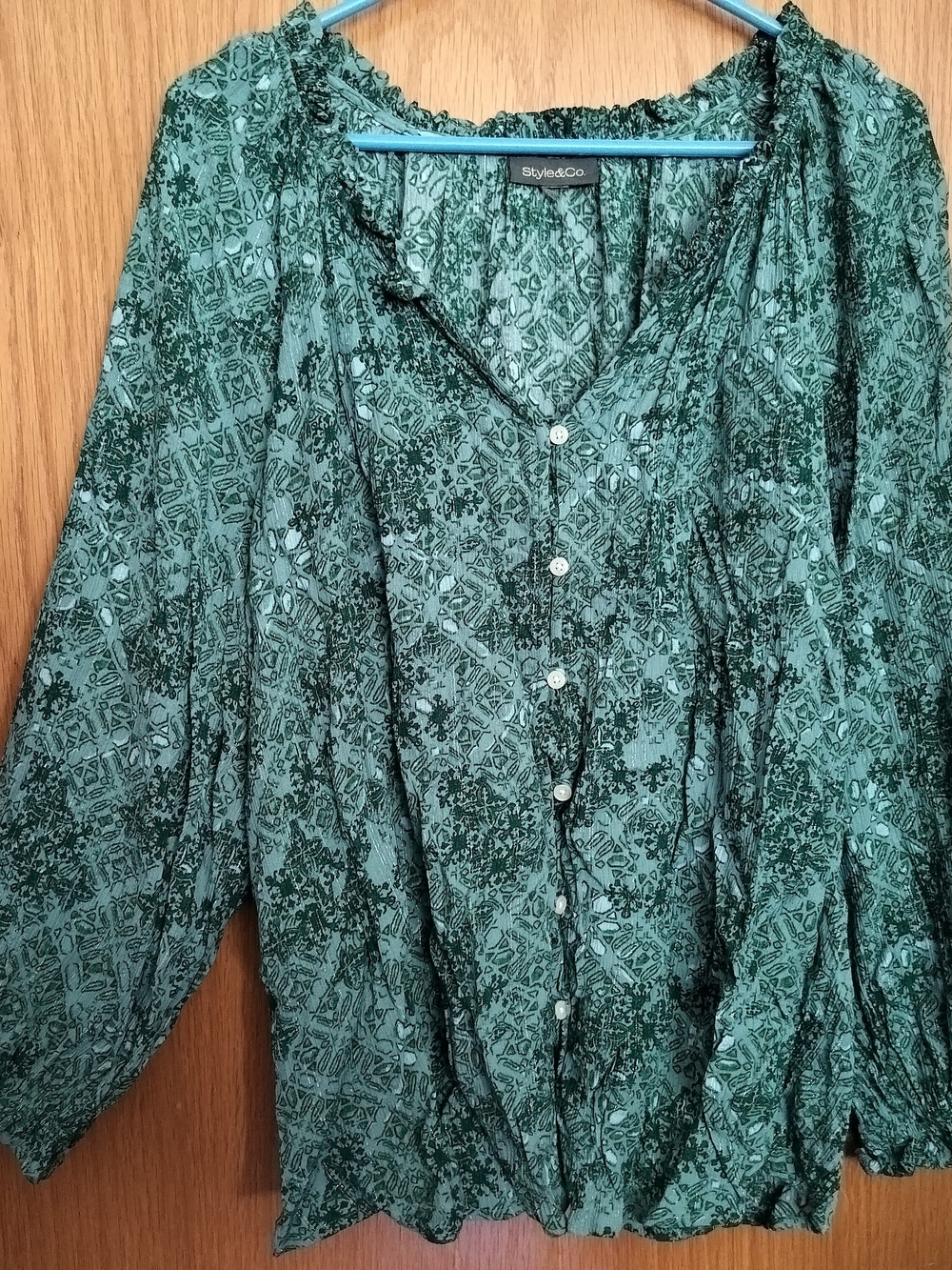 Style & Co. Green Printed Button-Front Women’s Top Metallic Threading Size 3x